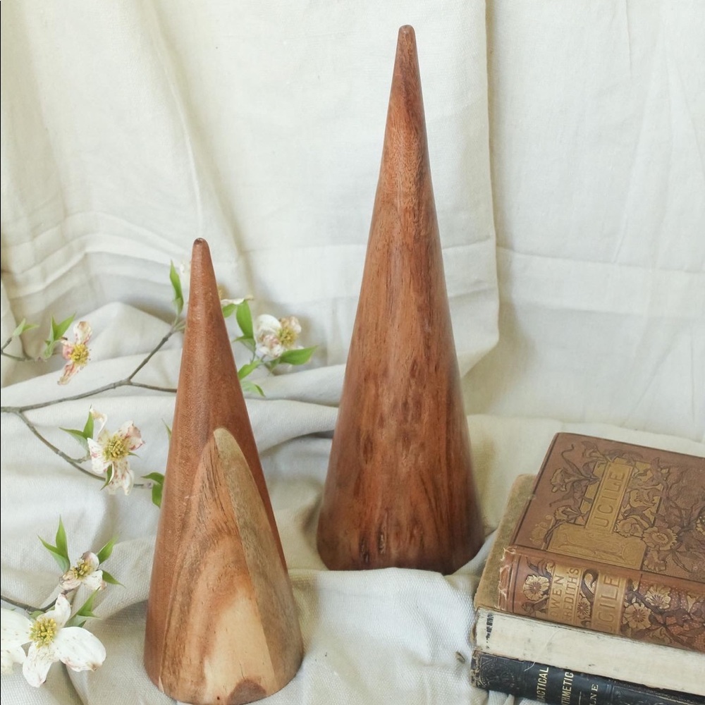 Studio McGee Wooden Cone Decor Trio in Natural Brown and Cream